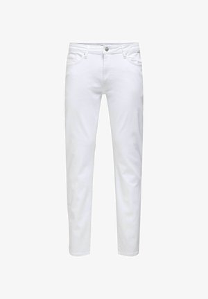 Jean en denim blanc en coton avec un design à jambe droite, cinq poches, une fermeture classique à boutons et des détails de couture subtils.