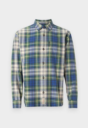Langsleeve geruite shirt met blauwe, groene en gele patronen, knopen aan de voorkant en een borstzak. Gemaakt van lichtgewicht stof.