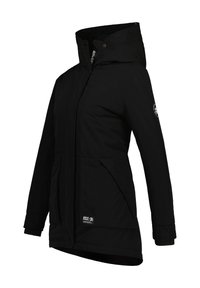 Černá kapucňová bunda vyrobená z hladké látky, s dvěma předními kapsami, ribovanými manžetami a nášivkou loga na rukávu.
