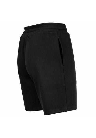 Pantaloni corti neri casual con vita elasticizzata e tasche laterali, mostrati da un angolo posteriore a tre quarti.