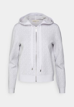Sudadera con capucha blanca con cremallera, patrón sutil de logotipos repetidos, cordones y puños y dobladillo acanalados.
