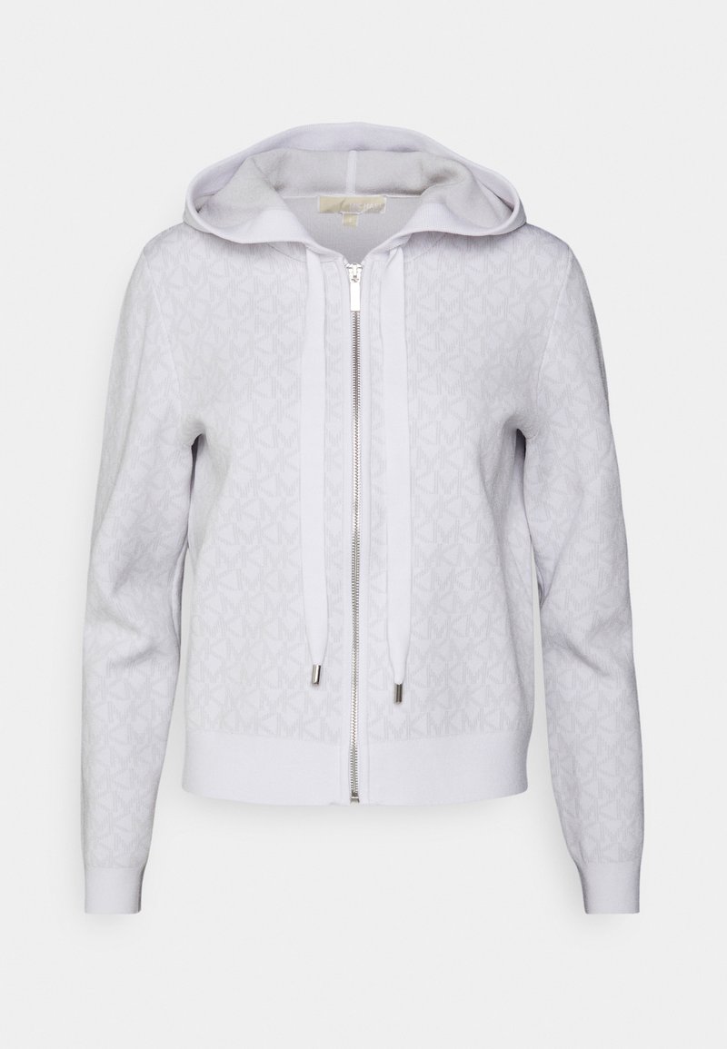 Sweat à capuche blanc zippé avec un motif de logo subtil répété, cordons et poignets et ourlet côtelés.