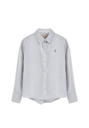Camicia button-up a righe blu e bianche con colletto, caratterizzata da maniche lunghe e orlo curvo, decorata con un piccolo logo ricamato sul petto.