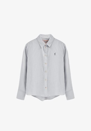 Chemise à boutons rayée bleue et blanche avec un col, dotée de manches longues et d'un ourlet arrondi, agrémentée d'un petit logo brodé sur la poitrine.