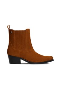Bottes de cheville en daim orange brûlé avec des panneaux élastiques sur les côtés, bout pointu et un petit talon noir. Comprend une boucle pour un enfilage facile.