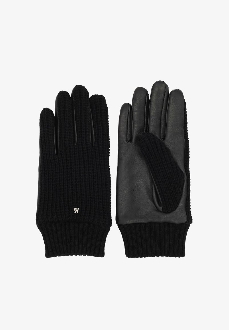 Gants noirs avec dessus en tissu tricoté et paume en cuir. Ils présentent des poignets côtelés, un design à cinq doigts, et un petit détail de logo près du poignet.