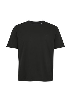 Schwarzes Baumwoll-T-Shirt, Rundhalsausschnitt, kurze Ärmel, lockere Passform, mit einem kleinen Logodetail auf der Brust. Glattes, einfarbiges Material.