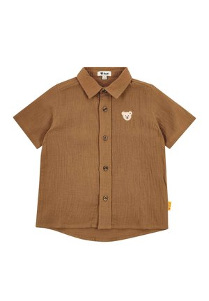 Brown short-sleeve toddler shirt with collar, front buttons, and a small teddy bear patch on the left chest.