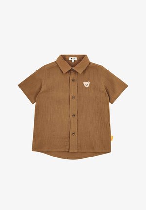 Bruin kortmouws peutershirt met kraag, knopen aan de voorkant en een klein teddyberenpatch op de linkerborst.