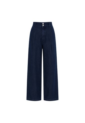 Donkerblauwe denim broek met hoge taille en wijde pijpen, twee witte knopen op de tailleband en riemlussen, voorplooien en een ritssluiting.