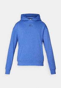 Blue Nike Pro hoodie made of soft fabric, featuring a kangaroo pocket, long sleeves, and a black logo on the chest.