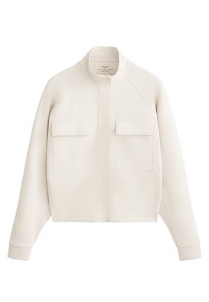 Off-white jacket made of soft fabric, featuring a high neck, two front pockets, and ribbed cuffs for a structured, modern silhouette.