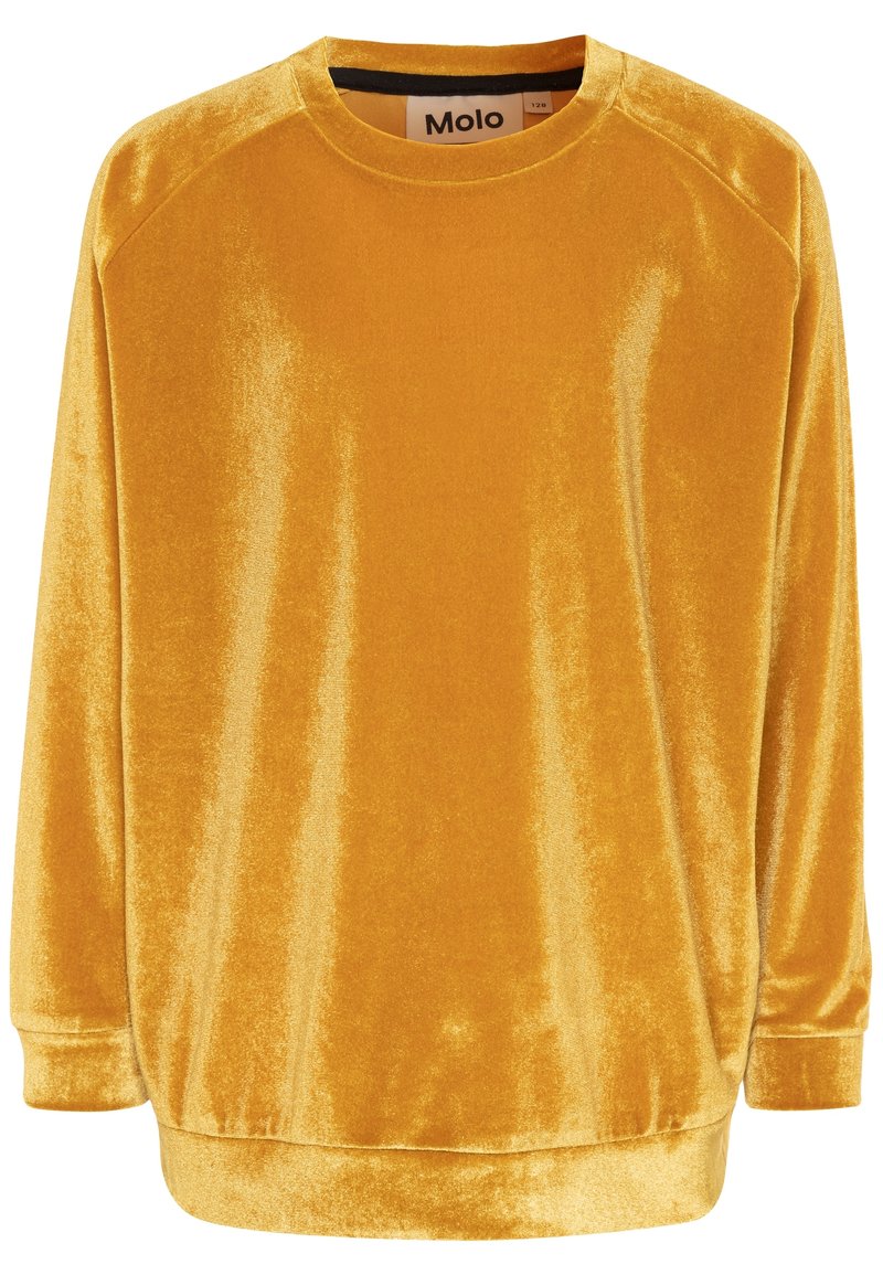Geel fluwelen sweatshirt met een zachte textuur, ronde halslijn en lange mouwen. Heeft een losse pasvorm en een ribgebreide onderrand. Molo merklabel aan de binnenkant.