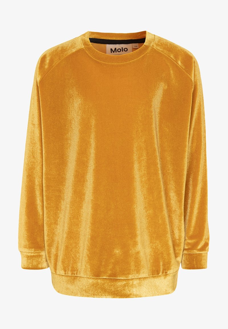 Geel fluwelen sweatshirt met een zachte textuur, ronde halslijn en lange mouwen. Heeft een losse pasvorm en een ribgebreide onderrand. Molo merklabel aan de binnenkant.