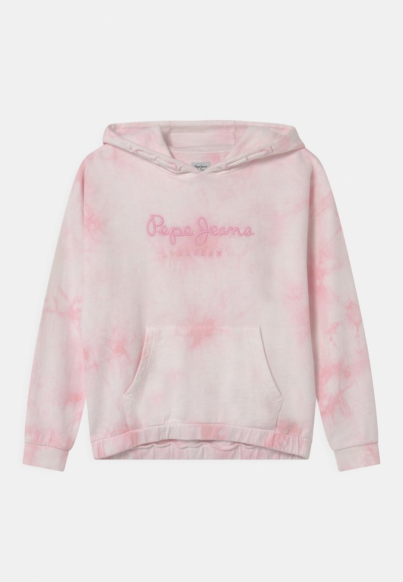 Sudadera de tie-dye rosa hecha de tela suave, con un bolsillo canguro, capucha con cordón y logo bordado "Pepe Jeans London" en rosa a juego.