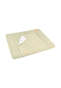 Soft green blanket with textured fabric, featuring a white trim. Decorative embroidery of a giraffe and sun design in the corner. Rectangular shape.