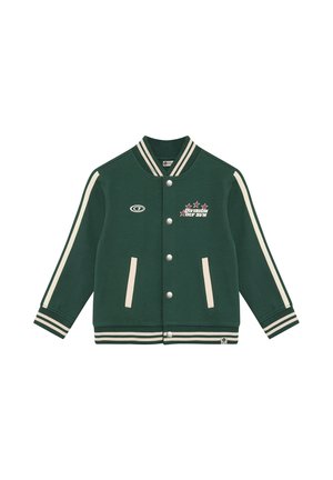 Dark green varsity jacket with beige stripes on sleeves and collar, snap buttons, and "Division Oly Sun" text with stars on chest.