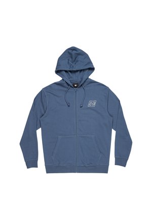 Modrá mikina na zips vyrobená z bavlnenej zmesi, s kapucňou na šnúrky, prednými vreckami a malým logom na hrudi. Hladká textúra.