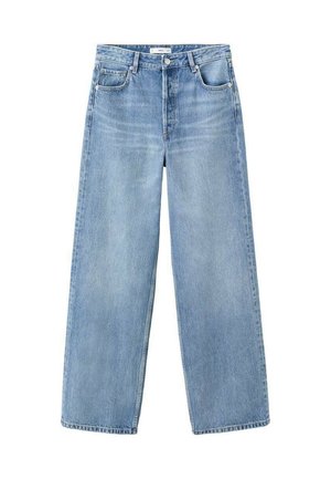 Jasnoniebieskie szerokie spodnie dżinsowe z kieszeniami z przodu i z tyłu, szlufkami na pasek oraz zapięciem na guzik i zamek błyskawiczny.