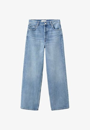 Jeans in denim blu chiaro a gamba larga con tasche frontali e posteriori, passanti per cintura e chiusura con bottone e cerniera.