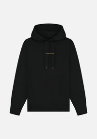 Zwarte hoodie gemaakt van zachte stof, met een voorzak, trekkoorden en een kleine gouden grafische afbeelding op de borst.