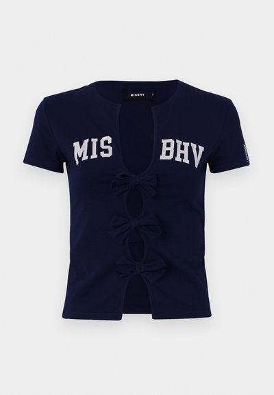 Navy blue short-sleeved T-shirt with a deep V-neck, featuring the text "MIS BHV." Three bows adorn the front cutouts, made of soft cotton material.
