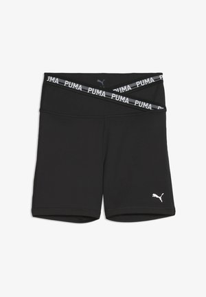 Shorts de sport noirs avec une ceinture élastique croisée affichant en répétition le texte blanc "PUMA" et un petit logo Puma blanc sur la jambe gauche.