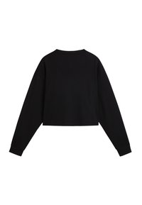 Schwarzer cropped Sweatshirt mit langen Ärmeln, Rundhalsausschnitt und gerippten Bündchen. Glatte Textur, minimalistisches Design und keine sichtbaren Logos oder Muster.