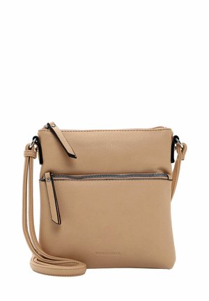 Beige Leder Umhängetasche mit einem Reißverschlussfrontfach, verstellbarem Tragegurt und dezenten Nähten. Verfügt über eine glatte Textur.