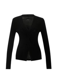 Zwarte geribbelde cardigan met lange mouwen en een diepe V-hals in een wikkeldesign. Heeft een aansluitende pasvorm en een gestructureerde uitstraling door de textuurrijke stof.