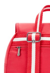 Röd ryggsäck med en slät tygyta, vita randade detaljer, silverfästen och en framtäck ficka med dragkedja för ökad funktionalitet.