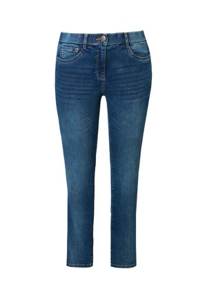 Blauwe denim jeans met een slim fit, middelhoge taille, vijf zakken, lichte vervaging en een knoopsluiting aan de bovenkant. Recht gesneden pijpen.