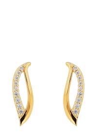 Guldfärgade örhängen med en vågig design, med en rad klara kristaller längs en kant. Slät, blank yta med spetsiga ändar.