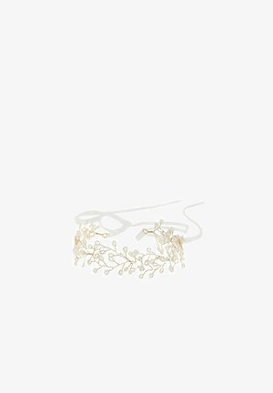 Bandeau délicat pour mariée avec des branches en fil d'or et de petites fleurs en perles blanches, attaché avec de longs rubans en satin blanc.
