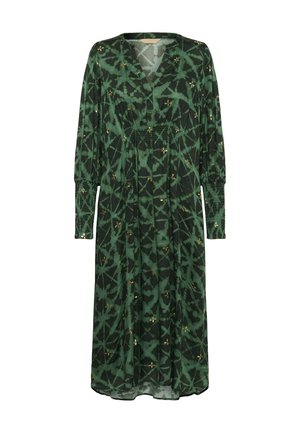 Rochie midi verde cu flori, cu mâneci lungi, decolteu în V, talie strânsă, confecționată dintr-un material ușor, cu broderie florală aurie și model geometric.