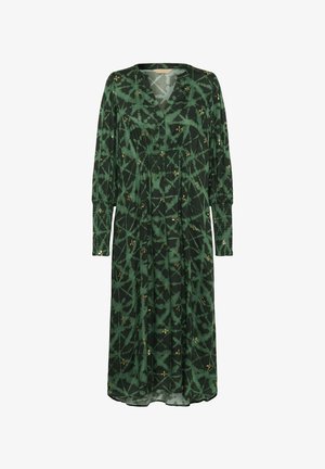 Abito midi floreale verde con maniche lunghe, scollatura a V, vita arricciata, realizzato in tessuto leggero, con ricami floreali dorati e motivo geometrico.