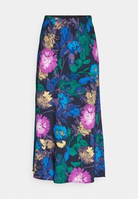 Falda maxi floral hecha de una tela suave y oscura. Presenta vibrantes patrones de flores en azul, rosa, verde y dorado, con una cintura elástica.
