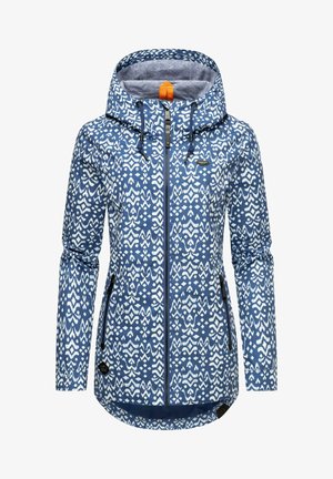 Blue and white patterned jacket with a hood, zippered front, and two side pockets. Features a textured fabric and adjustable drawstrings.