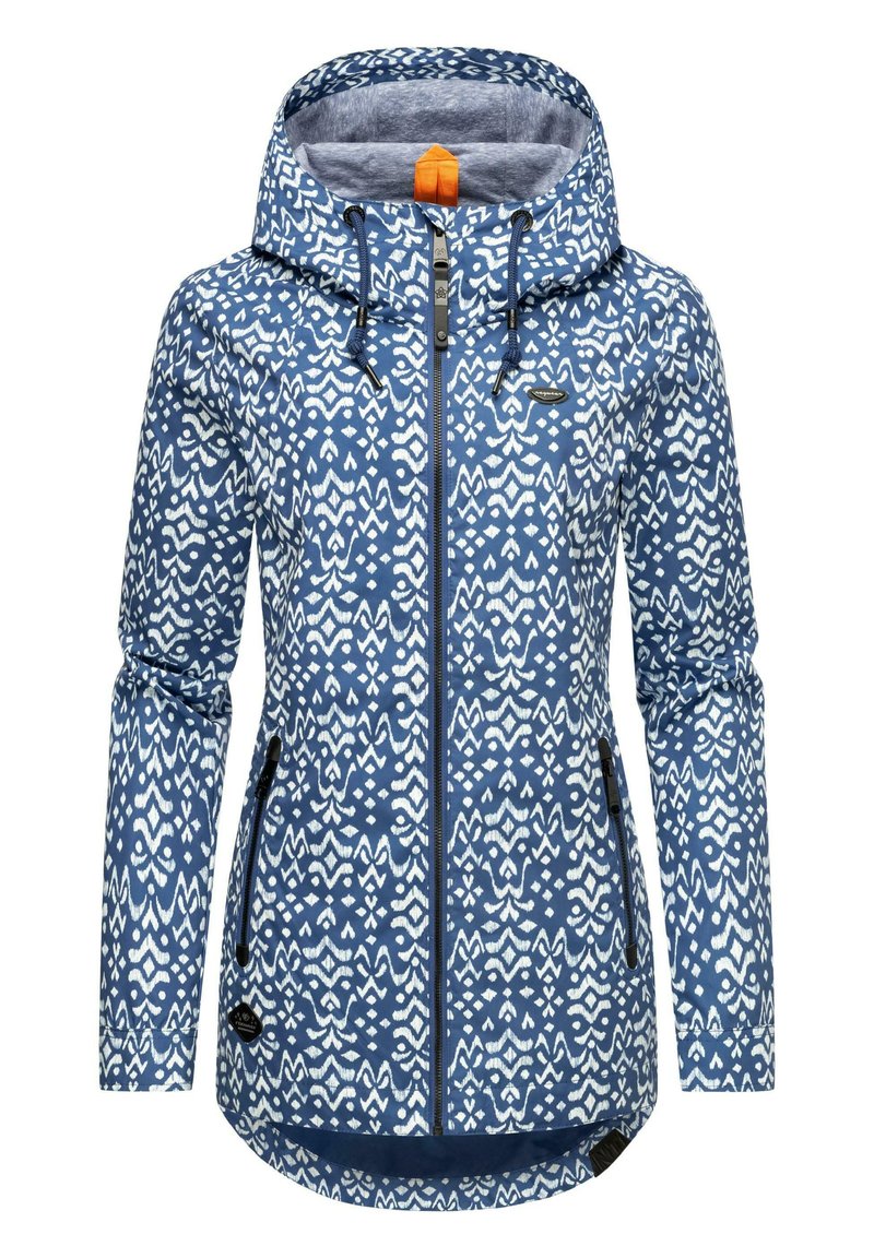 Modra in bela jakna s kapuco, z zadrgo spredaj in dvema stranskima žepoma. Ima teksturirano blago in nastavljive vrvice.