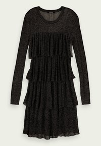 Schwarzes, langärmeliges Kleid mit geschichteten Rüschen. Aus strukturiertem Stoff mit einem subtilen Schimmer gefertigt. Verfügt über einen runden Ausschnitt und einen ausgestellten Saum.
