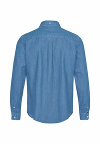 Koszula z długim rękawem na guziki, wykonana z jasnoniebieskiego denimu, z kołnierzem, zakładką z tyłu oraz zapinanymi na guziki mankietami. Charakteryzuje się subtelną fakturą i zakrzywionym dołem.