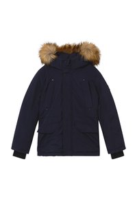 Marineblauwe parka met capuchon gevoerd met nep bont, ritssluiting en knopen, twee voorzakken en geribbelde manchetten. Ontworpen voor koud weer.