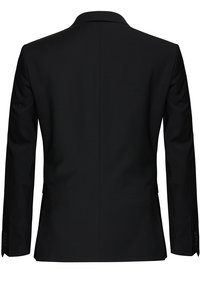 Schwarzer Blazer mit einem glatten, strukturierten Design, Schlitz hinten und tailliertem Schnitt. Verfügt über Reverskragen und geknöpfte Manschetten.