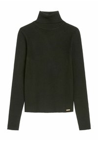 Czarny sweter z golfem, długimi rękawami, prążkowaną teksturą, dopasowanym krojem oraz małą metalową metką na dolnym lewym boku.