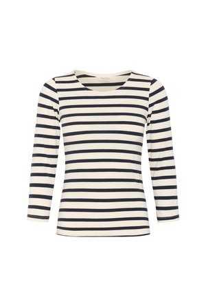 Chemise à manches longues rayée en crème et bleu marine, avec un col rond et une silhouette ajustée. Texture douce et lisse avec élasticité.