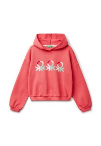 Coral hoodie with a front graphic design featuring three symbols in white, red, and aqua. Fabric appears soft with ribbed cuffs and hem.