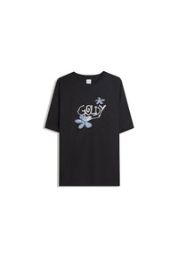 Schwarzes Baumwoll-T-Shirt mit lockerer Passform, versehen mit blauen Blumenmustern und weißem Text "GOLDY" auf der Vorderseite. Kurze Ärmel und Rundhalsausschnitt.