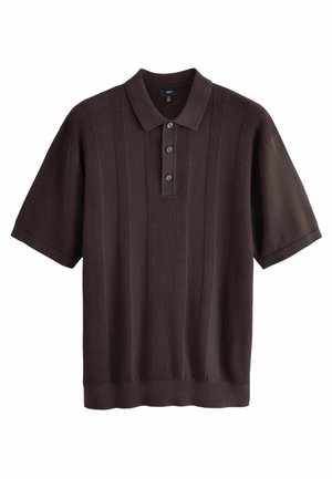 Braunes Poloshirt mit kurzen Ärmeln, gerippter Struktur, Drei-Knopf-Leiste und kontrastierenden vertikalen Streifen. Hergestellt aus weichem Stoff.