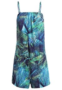 Combinaison sans manches à imprimé tropical bleu et vert avec bretelles spaghetti ajustables et taille frontale à cordon.