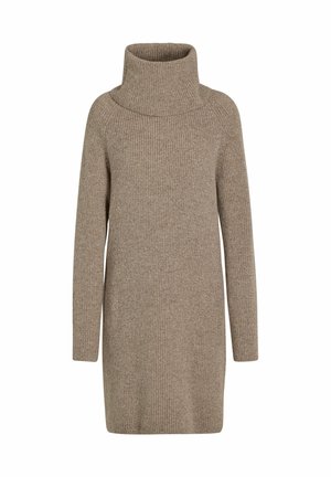 Beige gestrickter Rollkragenpullover mit langen Ärmeln, lockerer Passform und geripptem Muster. Die Länge endet über dem Oberschenkel.